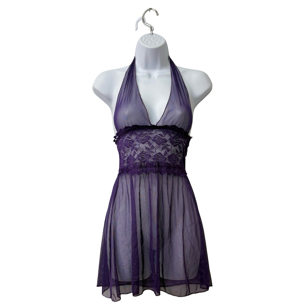 Vintage Purple Lace Halter Babydoll Dress sheer Mesh Floral S/M whimsygoth